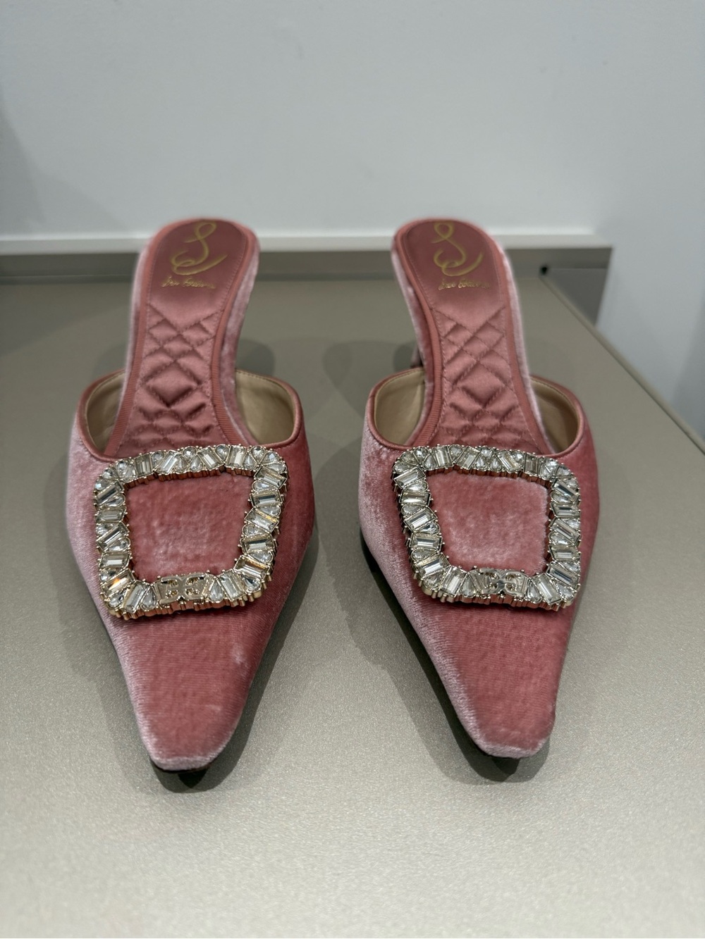 Sam Edelman Pink Velvet Crystal-Buckle Mules
